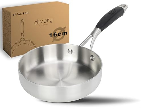 DIVORY Sartén acero inoxidable 16 cm – Sin recubrimiento, sin PTFE ni PFOA, para inducción, sartén pequeña sin revestimiento (PURA, 16 cm)