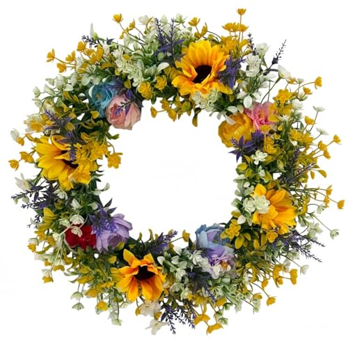 45cm Künstlicher Sonnenblumen Blumenkranz, Sommer Türkranz für Außen & Innen, Ganzjährig Haustür, Fenster und Wanddeko, Frühlings Somme Hochzeits und Partydekoration