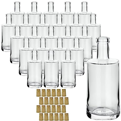 gouveo 24er Set Glasflaschen 250 ml Prim mit Spitzkorken - Kleine Flaschen 0,25 l aus hochwertigem Glas mit Korken - Glasflasche mit Korkverschluss zum Befüllen mit Likör, Schnaps, Öl