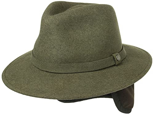 LIERYS Traveller Wollhut mit Ohrenklappen Herren Made in Italy Wollfilzhut Wasserabweisend Knautschbar Unifarben Packable Herbst Winter Oliv 60 cm