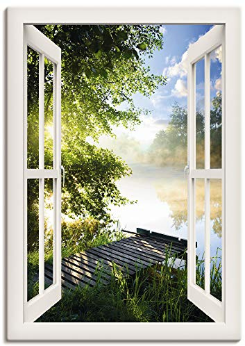 ARTLAND Wanddeko Leinwand Bilder Wandbild Fensterblick Fenster Landschaft Wald Natur See Angelsteg Sonne Frühling T1JK