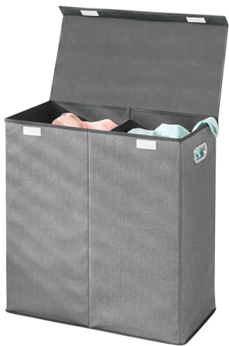 mDesign Wäschetruhe aus atmungsaktivem Polypropylen mit 2 Fächern – Design Wäschekorb für Waschküche, Bad oder Schlafzimmer – faltbare Wäschetonne mit Deckel und Griff – grau mit schwarzer Zierleiste