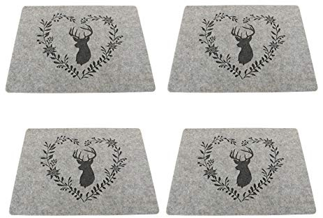BOLTZE 4 x Tischset Platzset Hirsch stehend Kopf Landhausstil Filz grau 45x35 cm Platzmatten Wunschmodell:Links