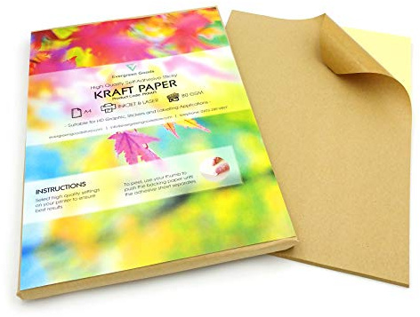 Evergreen Goods 100 Fogli A4 Carta Kraft stampabile autoadesiva - Carta adesiva opaca adatta a stampanti inkjet e laser - Carta adesiva per decorazioni, prodotti, scatole ed etichette di spedizione