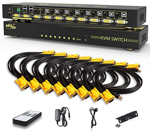 VGA KVM Auto Switch 8 Port in 2 Out Switcher 8x2 Supports Hotkey,Audio,Basic Wireless Keyboard and Mouse USB 2.0 Devices Sharing 8 Computers with Remote Control
