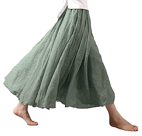 ASHER FASHION Women's Bohemian Style Elastic Waist Band Cotton Linen Long Maxi Skirt Dress (85CM, Light Green)