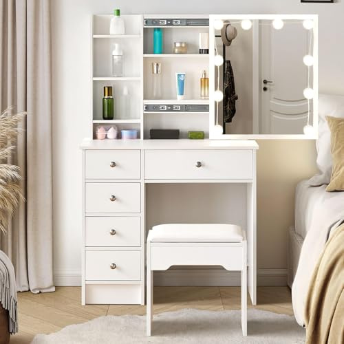 CLIPOP Dressing Table Set with Hollywood Lights, 5 Drawers White Vanity Table with Storage Shelves, Makeup Desk with Slide Mirror and Stool for Women Bedroom Dressing Room