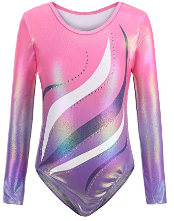 Sinoeem Gymnastikanzug Kinder Mädchen Langarm/Ärmellos Klassisch Turnanzug Ballettröckchen Trikotanzug Tanz Gymnastik Training Dancewear für Mädchen (Rosa-langarm, 7-8Jahre)