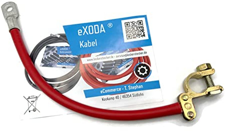 eXODA cavo batteria rosso flessibile in rame 35 mm² fino a 70 gradi | Cavo della batteria, flessibile, resistente al calore fino a 70 gradi, lunghezza 25 cm, diametro 6,7 mm, produzione tedesca