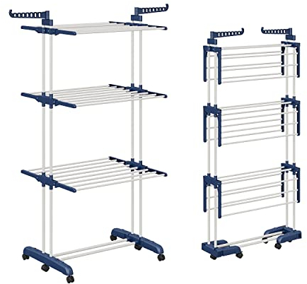 Shrivee Étendoir à Linge Tour Pliable avec 6 Ailes Pliables sur 3 Niveaux, Longueur 66-130 cm, Pieds pliants pour économiser de l'espace à l'intérieur et à l'extérieur de la Maison (Bleu et Blanc)