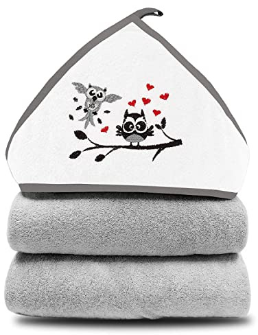 Babykajo Kapuzenhandtuch Baby 80x80cm - Baby Badetuch aus 100% flauschigem Frottee – Babyhandtuch mit Kapuze und süßem Tiermotiv. Eule - Grau