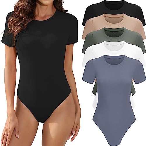 MLYENX Confezione da 5 Bodysuit da Donna a Maniche Corte con Scollo Tondo, Casual, Elasticizzati, T-Shirt Basic, 5 pezzi: nero, bianco, verde oliva, nudo, blu scuro, Taglia Media