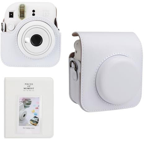 Meetikar Étui pour appareil photo et album photo de 64 poches, compatible avec appareil photo instantané Fujifilm Instax Mini 12, en cuir synthétique, avec bandoulière réglable et album photo, Blanc.,