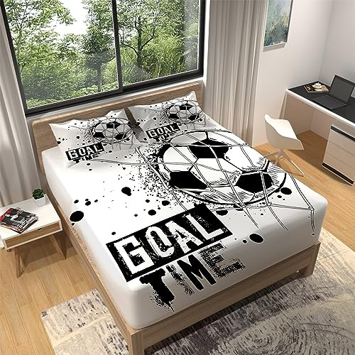 Microfibra Sábanas Ajustable 135x190 cm, FúTbol Dibujos Animados En Blanco Y Negro Suave Transpirable Hipoalergénica 30 cm de Profundidad Sin Decoloración Lavable Sábanas, para Niños y Adultos Sábana
