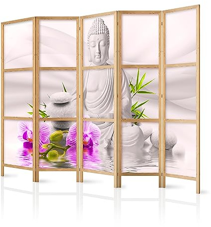 murando - Paravent Raumteiler Holz Buddha, 225x172 cm, 5-teilig, Wohnzimmer | Mobiler Sichtschutz, sofort einsatzbereit, Holzrahmen, ideal fürs Wohnzimmer oder Büro, geruchsneutral, lichtbeständig