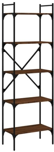 vidaXL Bücherregal, Bücherschrank mit 5 Fächern, Standregal Regal mit Stahlrahmen, Lagerregal Aktenregal für Wohnzimmer Büro, Braun Eiche Holzwerkstoff
