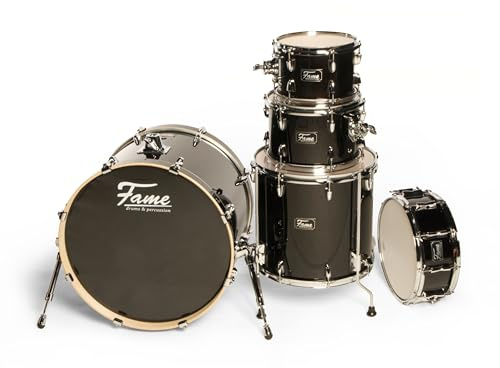 Fame Stage Series Rock Shell Set, Satin Black, 22 BassDrum, 10 & 12 Tom-Tom, 16 Floor Tom, 14 Snare, Birkenholz, Chrom Hardware, Freischwingende Tomaufhängung, Vorgedämpftes BassDrum-Fell