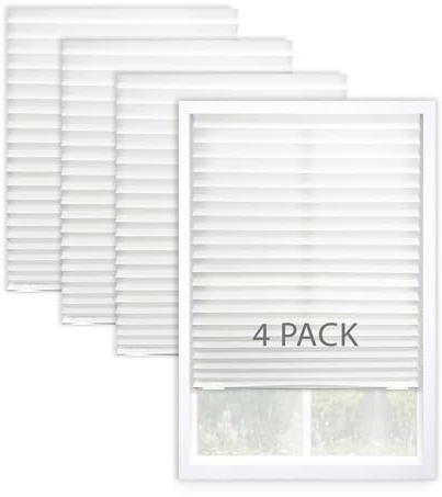 DEZ FURNISHINGS Cordless No Tools Light Filtering Pleated Fabric Shades, 36 W x 72 H, White, Pack of 4