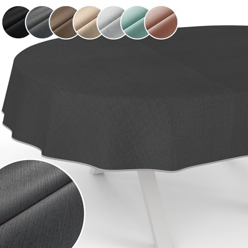 Tischdecke Mila Stoff abwaschbar Tischtuch Tafeldecke Jacquard Teflon beschichtet pflegeleicht Lotuseffekt schmutz- & wasserabweisend Uni Leinenoptik Oval 200x140cm mit Saum (Eingefasst) Grau