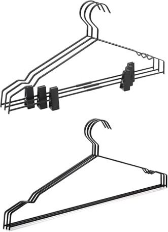 Metall-Kleiderbügel 50er Set, Metallbügel schwarz 41 cm, 10 Kleiderbügel mit Steg und gummierten Klammern und 40 Textilbügel mit Steg, Stabiler Hosenbügel, Bügel mit Schulterkerben für Tops und Röcke