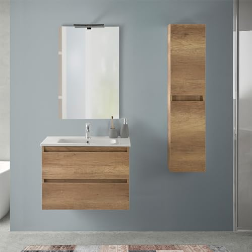 Inbagno Mobile Bagno Sospeso 70 cm Rovere Naturale – Composizione Con Lavabo In Ceramica, 2 Cassettoni Soft-Close E Pensile Colonna 125 cm – Linea Nadia