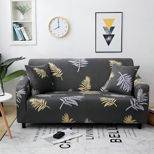 Bishilin Sofabezug Elastisch U Form 90-140CM, Sofa Überzug Ecksofa 1 Sitzer Bedruckt mit Tropischen Blätter Muster Dunkelgrau Couchbezug Eckcouch Universal