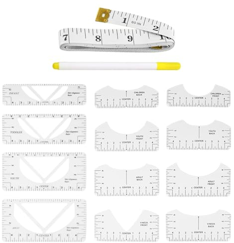 ZBHDEYG Nähzubehör, Nählineal, 12 Stück, 1 weiches Lineal, 1 Fade-Stift, PVC, 26x16 cm, 26x18 cm, für T-Shirts & Kleidung