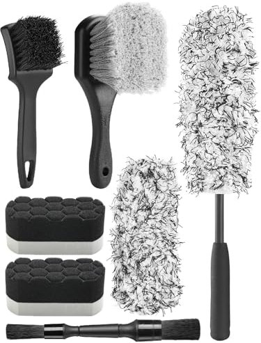 Fantasticlean 7 Pezzi Kit Pulizia Auto, Spazzola per Cerchi in Microfibra, Spazzole per Ruote e Pneumatici, Pennello Detailing a Doppia estremità, Tamponi di Lucidatura per Lavaggio e Cura dell'Auto
