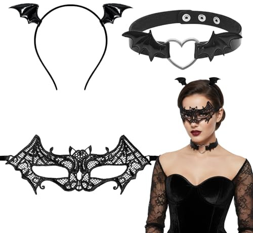 Wolkstello Fledermaus Haarreif Damen, Halloween Haarschmuck Fledermaus mit Maske Halsband, Kopfschmuck Fledermäuse Kostüm Accessoires für Halloween Karneval Damen Kinder