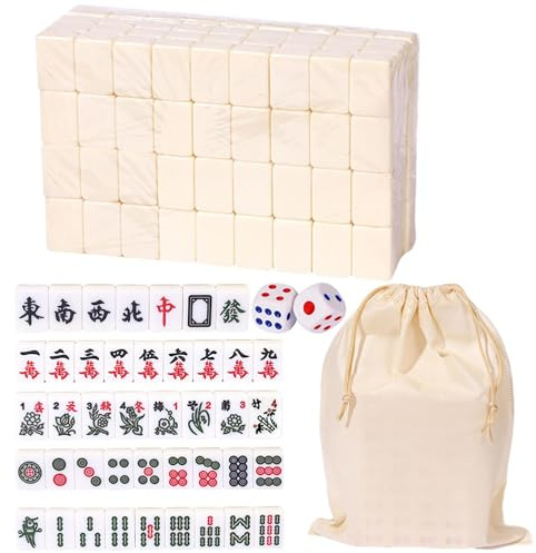 Mahjong Tiles Chinese Majong Set | Traditional Chinese Mah Jong Game With Storage Bag + 144 Pieces Mahjong Tiles + 2 Dices, Portable Travel Mahjong Game For Family Gathering Leisure Time