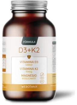 WeBotanix | Fórmula Vitamina D3 y K2 4000 UI con Magnesio | Colecalciferol, Menaquinona-7 y Bisglicinato de Magnesio | Alta Absorción | 60 Cápsulas | Salud Ósea, Muscular e Inmunitaria | Vegano