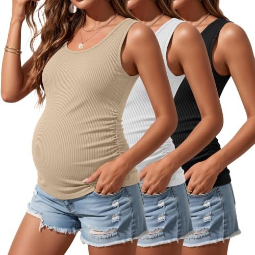 Riyiper Lot de 3 Débardeurs de Maternité en Coton pour Femme sans Manches en Maille Côtelée avec Fronces sur Les Côtés(Noir, Blanc, Kaki,XL)