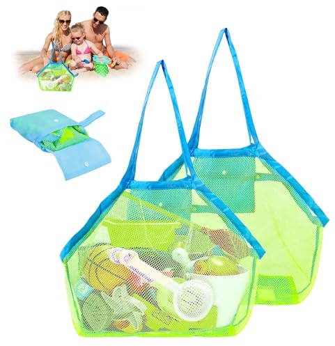 Lot de 2 sacs en filet pour jouets de plage - Grand sac en filet avec poches compartimentées - Pliable - Pour les vacances en famille, les vacances à la plage en plein air