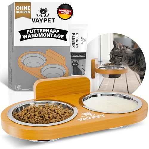 VAYPET® Doppel-Katzennapf erhöht inkl. Silikonkleber zur Befestigung an der Wand ohne Bohren I Schwebend montierbarer Futternapf Katze für Bequeme Haltung I Langlebiger Edelstahl Fressnapf Katze