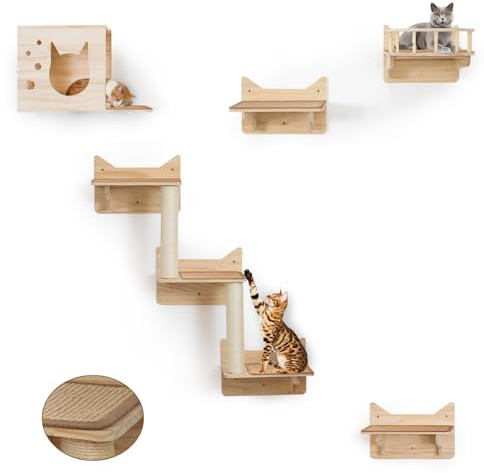 MIUZMORE 9 Stück Katzen-Wandregale, 2 Sisal-Kratzstämme, 5-stufige Wandleiter, 7 Sisalmatren, stabile Regale für große Katzen