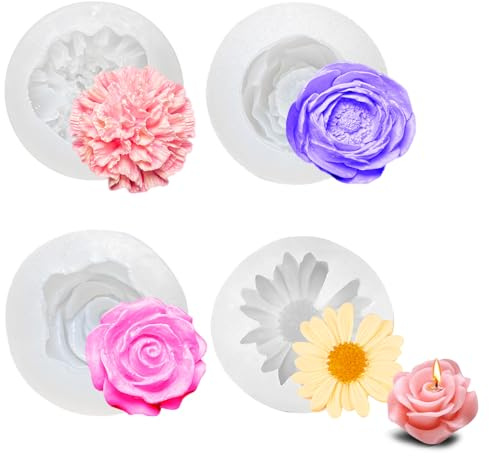 4 Stück Kerzen Formen Silikon, Rosen Nelke Daisy Pfingstrose Kerzenformen Silikonformen Blumen Gießformen 3D Rose Mini Blume Silikonform für Seife Schokolade Aromatherapie DIY Dekoration