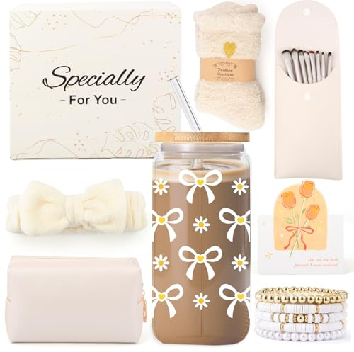Geschenke für Mädchen Teenager 9 10 11 12 13 14 Jahre, Geburtstag Geschenk | Einschulung Mädchen Glasbecher, Geschenkset Trinkglas Schminkpinsel Kosmetiktasche Armband Socken Haarband Coole Sachen 8-15