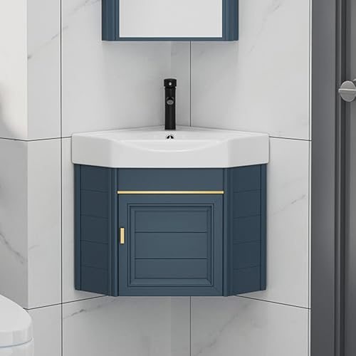 Mobile da bagno angolare con lavabo, mobiletto sospeso da parete per piccoli spazi, include rubinetto, elegante soluzione per riporre oggetti in spazi limitati