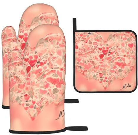 Set di 3 guanti da forno con cuore rosso e presina, guanti da forno resistenti al calore e isolati per cucinare.