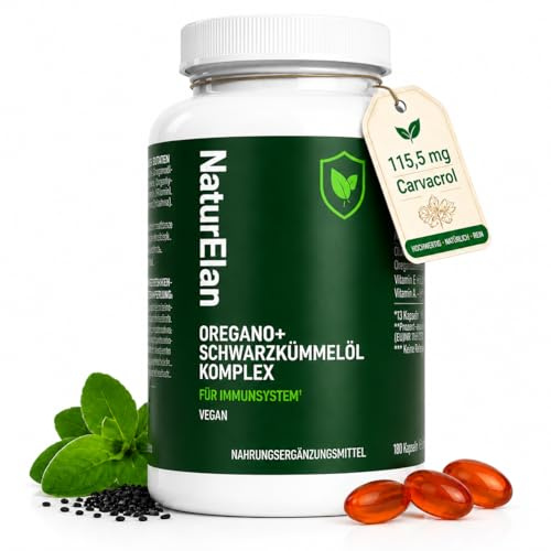 Oregano Öl [HOCHDOSIERT] & Schwarzkümmelöl -180 Kapseln, 115,5mg Carvacrol | Mit Vitamin A & E, 1200 mg Schwarzkümmelöl + 210 mg Oreganool