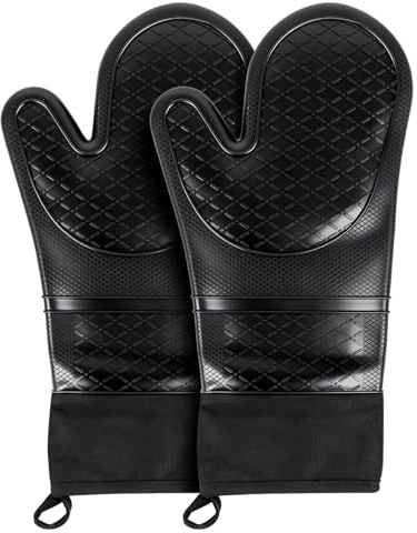 2PCS Silicone Oven Mitts | Long Anti-Slip Oven Gloves | BBQ Gloves Waterproof Heat Resistant Kitchen Gloves for Kitchen Cooking Dessert Making BBQ, Black