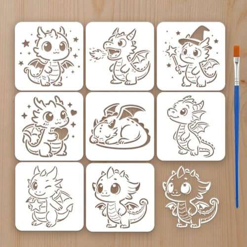 FINGERINSPIRE 8 Stück Drachenschablone 20x20cm Niedliche Drachenmuster Schablonen Wiederverwendbare Cartoon Drachen Dekorations Zeichenvorlage Mit Pinsel Zum Bemalen von Wänden Stoff Möbeln DIY Dekor