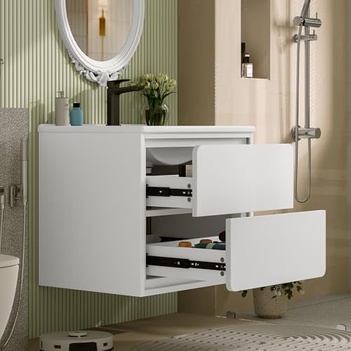 DACHETOU Armadietto da parete bianco, 60 x 46 x 50 cm, completamente laccato, due cassetti, guide scorrevoli, lavabo, lavabo integrato
