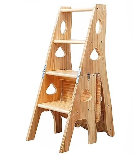 LISHEUK Silla Escalera Plegable de Madera Multifuncional 3 en 1 para Biblioteca, con Estante de Almacenamiento y Soporte para 150 kg (Color: Madera rústica)