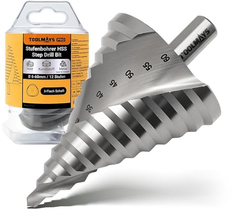 TOOLMAYS Stufenbohrer HSS, Kegelbohrer Ø6-60mm mit 12mm Schaft | Schälbohrer für Metall, Kunststoff und Holz, 12 Stufen konusbohrer,kunststoffbohrer