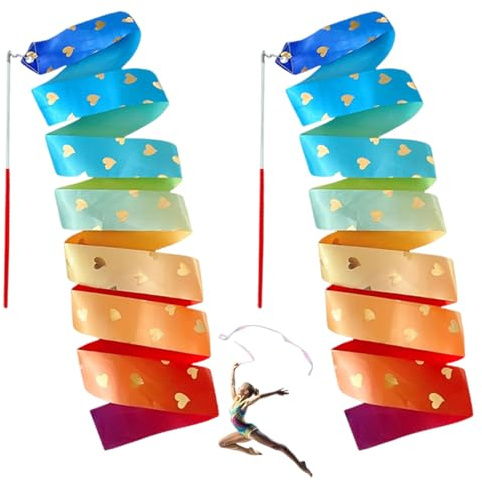 2 nastri per danza ritmica, 200 cm, per ginnastica, bacchetta per ballerina, per bambini, per danza artistica, spettacoli di carnevale e circo, bacchetta per twirling(Arcobaleno)