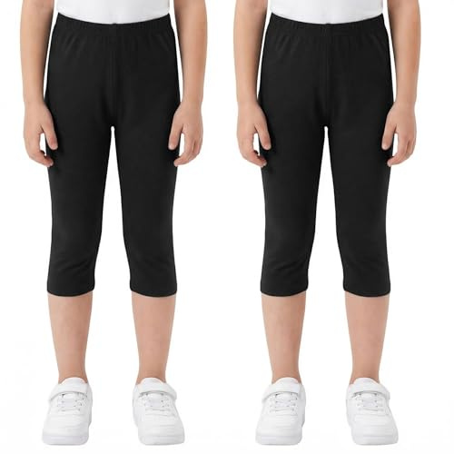 FILOWA Leggings for Girls 2-Pack Cotton 3/4 Shorts Tights Pants, 5-12 Years | Solid Color, Kids Cropped Legging, Elastic Waistband, Capri Stretchy Trousers, Cycling Sport Casual School for Children