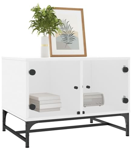 HOMELEN Mesa de centro con puertas de cristal, color blanco, 68,5 x 50 x 50 cm, moderna mesa de salón con espacio para libros, decoración, dispositivos multimedia, ideal para salón, comedor o