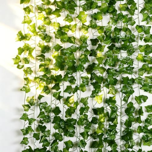 Tivleed Fake Ivy Garland, Artificial Ivy Vine Leaves with Thick Dense Foliage - 12 Pack Green Ivy Garland for Wall Decor Outdoor Indoor, Waterproof Fake Vines for Wedding Arch, Fence, Pipe Cover