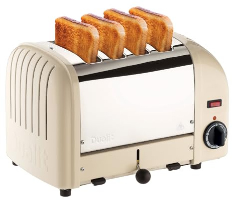 Dualit Classic 4-fach Vario 2,2kW Toaster, Creme und Edelstahl, handgefertigt in Großbritannien, austauschbare Proheat-Elemente, 2 oder 4 Einschübe, Brot auftauen, mechanische Zeitschaltuhr, Modell 40354, CD331